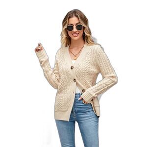 Cable Knit Fisherman Cardigan Sweater L Chunky Buttons Pocket Preppy Coastal NWT